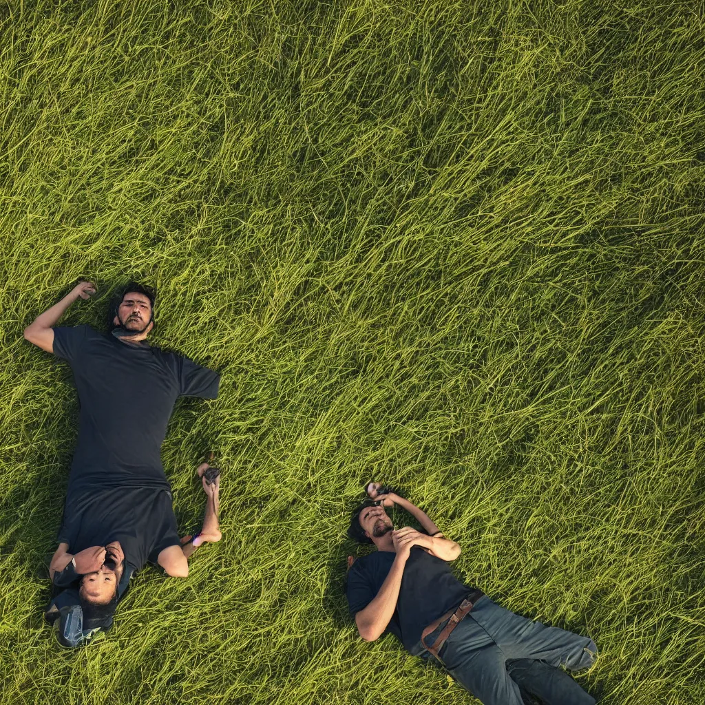 Prompt: a low angle shot of a man laying in brown grass looking up at a green tinted polluted sky by roxie vizcarra and frank stockton and greg rutkowski, dramatic composition, epic scale, futuristic, steampunk, global illumination, masterpiece, cinematic, filmic