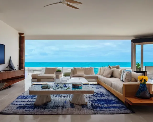 Image similar to A modern living room in a ocean hues style next to a big terrace overlooking the ocean, luxurious wooden coffee table in the center, inspired by the ocean, calm, relaxed style, harmony, wide angle shot, 8k resolution