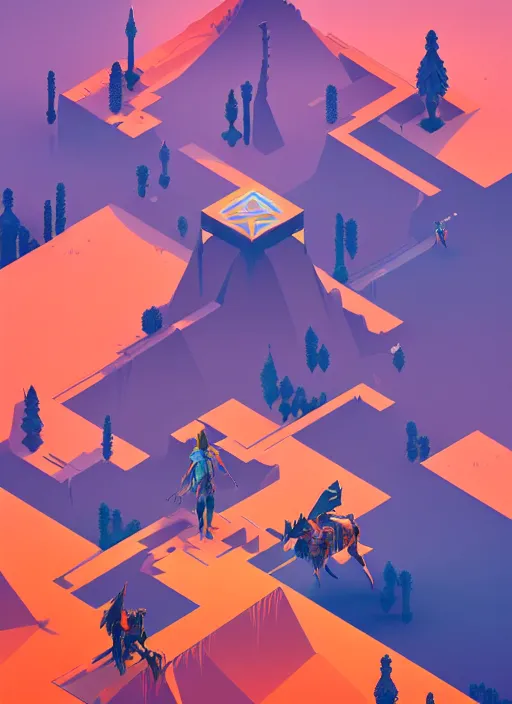 Prompt: a low poly isometric render of horizon zero dawn in the style of monument valley, intricate, elegant, smooth shading, soft lighting, illustration, simple, solid shapes, by magali villeneuve, jeremy lipkin and michael garmash, rob rey and kentaro miura style, octane render, zaha hadid