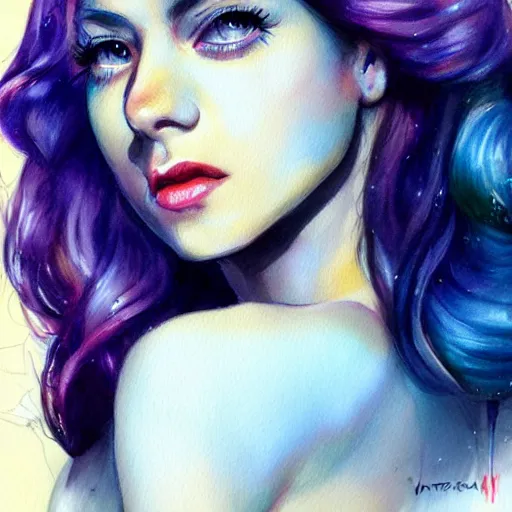 Image similar to marina diamandis, trending on arstation, by vanessa lemena dn charlie bowater, colorful pastels watercolor artwork painting