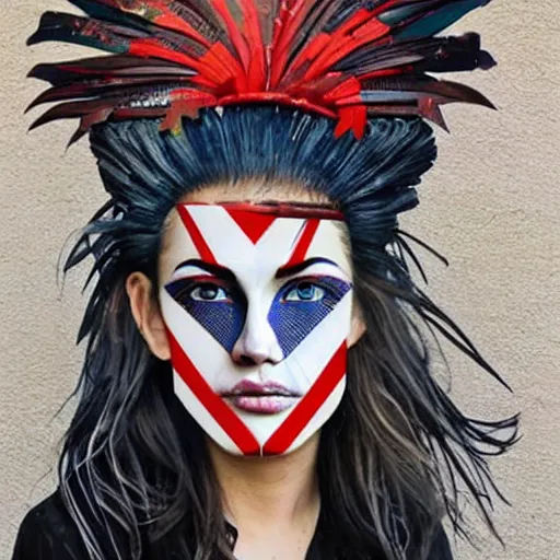 Image similar to a beautiful portrait sculpture designed by Sandra Chevrier, tribal head dress, American stars and stripes on face