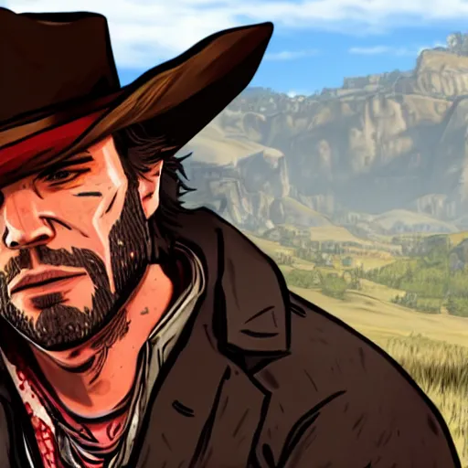 Image similar to Arthur Morgan from Red Dead Redemption 2 drawn in the style of Borderlands