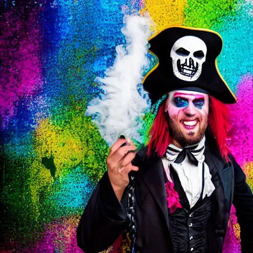 Image similar to grim-hatter, professional photoshoot, pirate on the black pearl, neochrome acid colors