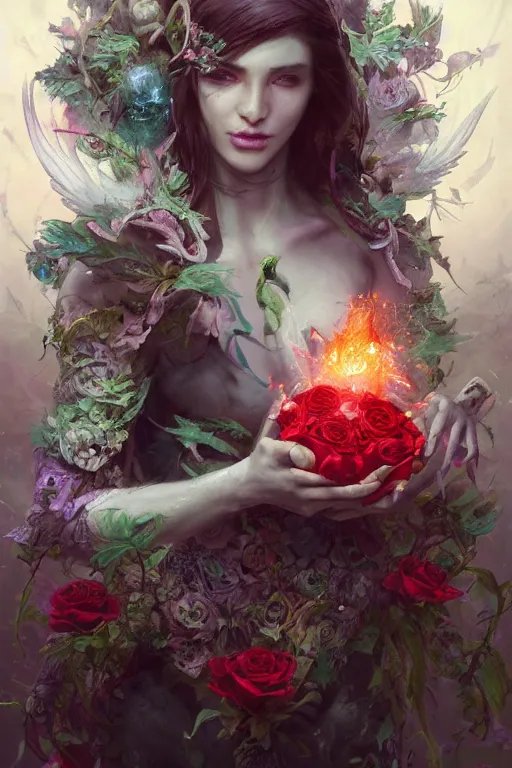 Image similar to face closeup of beautiful girl necromancer, witch - doctor exploding into flowers, angels, 3 d render, hyper - realistic detailed portrait, holding fire and electricity, forest, wings, roses, leaves and magic, ruan jia, wlop. scifi, fantasy, magic the gathering, hyper detailed, octane render, concept art, peter mohrbacher