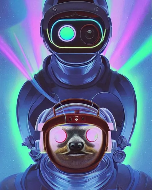 Image similar to sloth as future coder man looking on, sleek cyclops display over eyes and sleek bright headphoneset, neon accent lights, holographic colors, desaturated headshot portrait digital painting by dean cornwall, rhads, john berkey, tom whalen, alex grey, alphonse mucha, donoto giancola, astronaut cyberpunk electric