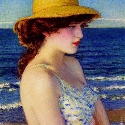 Image similar to painting of a young woman with a hat on at a beach by Guy Rose and Geroges Clarin, high quality, highly detailed, Romanticism, 1900s, oil painting, coherent