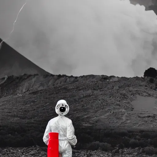Image similar to white woman suit with a one red light eye gasmask standing close to volcano, fire raining, professional photography, black and white, cinematic, eerie