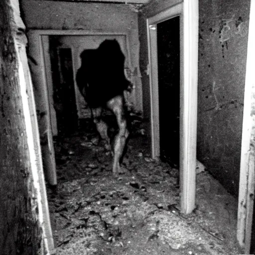 Image similar to hi - 8 night vision camera found - footage of a barely visible, bipedal minotaur with shrouded in darkness at the end of an extremely dark hallway in a basement of an abandoned house