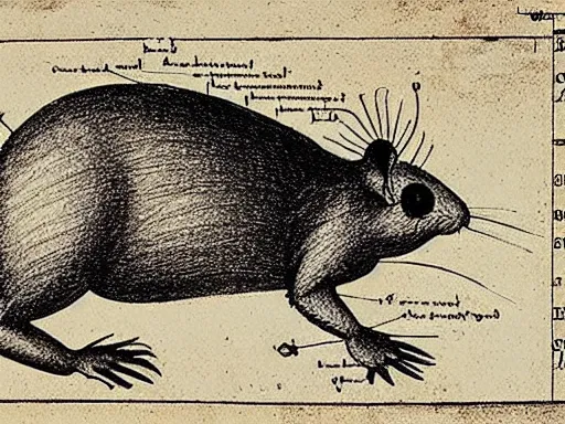 Prompt: highly detailed technical drawing of a rat, schematic, blueprint, pencil, sepia, old paper, art by leonardo da vinci