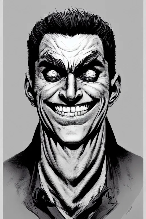 Image similar to aesthetic digital portrait of a handsome young man with a sinister grin by brian bolland, rachel birkett, alex ross, and neal adams | dark, intimidating, imposing, portrait, character concept, concept art, unreal engine, finalrender, centered, deviantart, artgerm