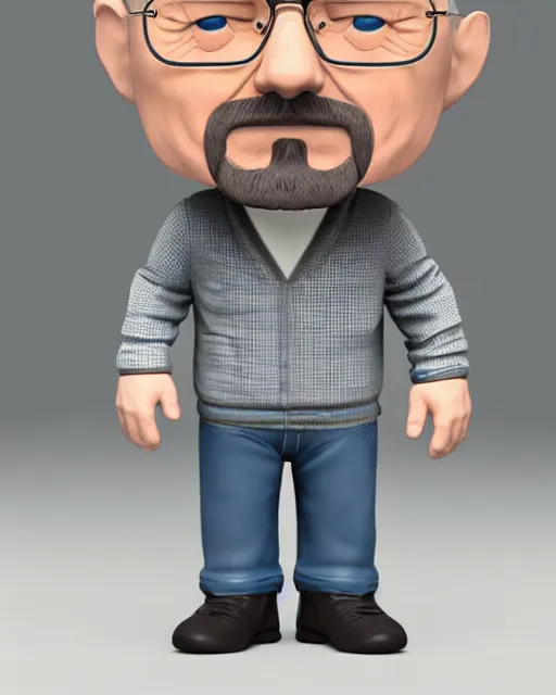 Image similar to full body 3d render of Walter White as a funko pop, studio lighting, white background, blender, trending on artstation, 8k, highly detailed