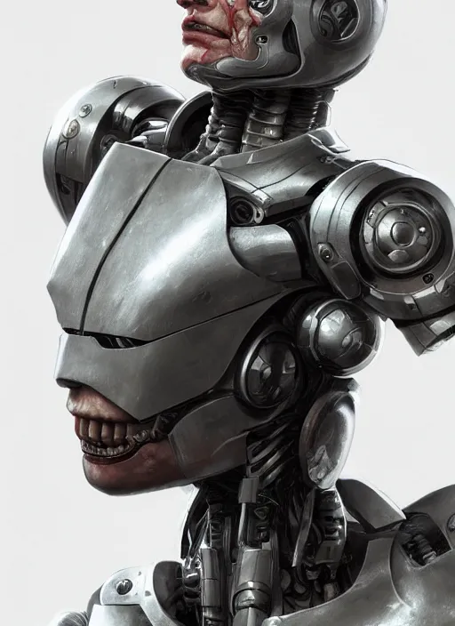 Image similar to cyborg, borg, android, strogg, face of a man, body of a robot, droid, robocop, terminator, machine, flesh, octane render, from a video game, concept art by ruan jia