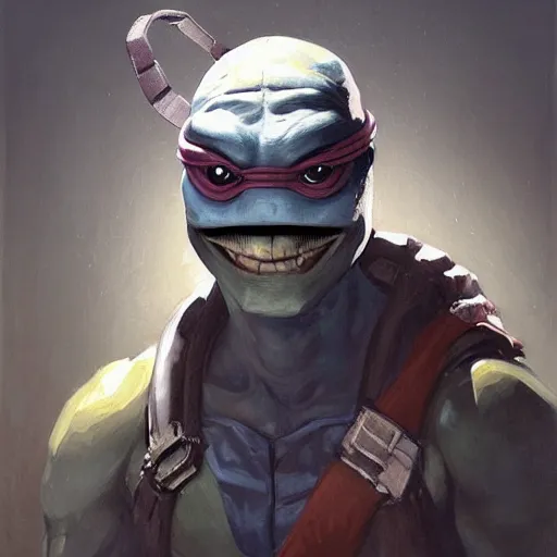 Image similar to portrait painting of a system administrator teenage mutant ninja turtle donatello, building computers, painted by greg rutkowski, dishonored 2