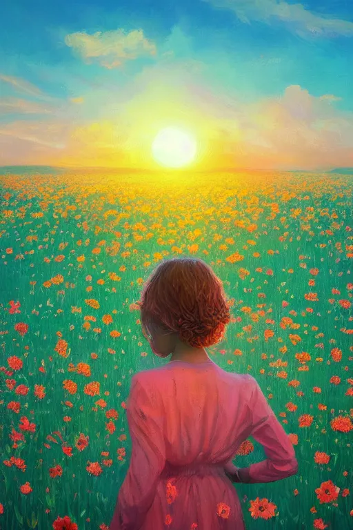 Image similar to closeup, huge flower head, girl standing in a field of flowers, surreal photography, sunrise, blue sky, dramatic light, impressionist painting, digital painting, artstation, simon stalenhag