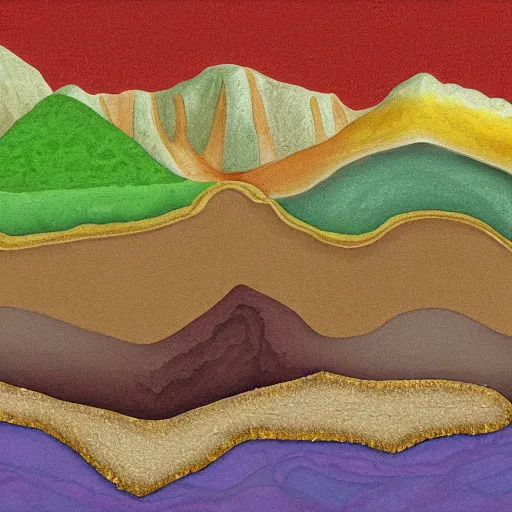 Prompt: a side profile of earth soil and rock layers, with hidden bones, gems and treasures, digital painting