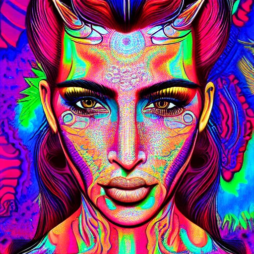 Image similar to an extremely psychedelic portrait of kim kardashian, surreal, lsd, face, detailed, intricate, elegant, lithe, highly detailed, digital oth, sharp focus, illustration,