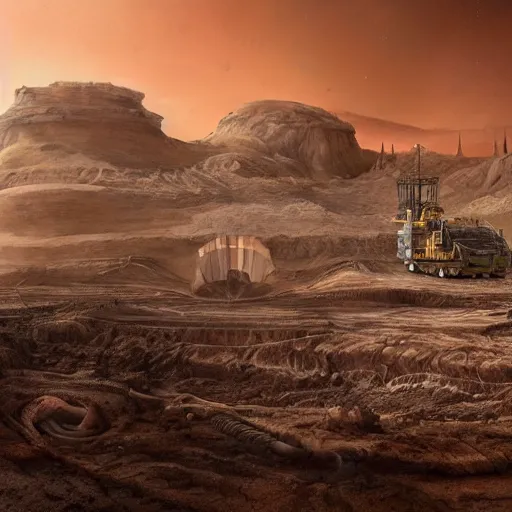 Image similar to matte painting of a sci - fi mining work exploring toxic sulfur pools of hestia rupes mars landscape, highly detailed, vidid, epic scenery, windy, at dusk