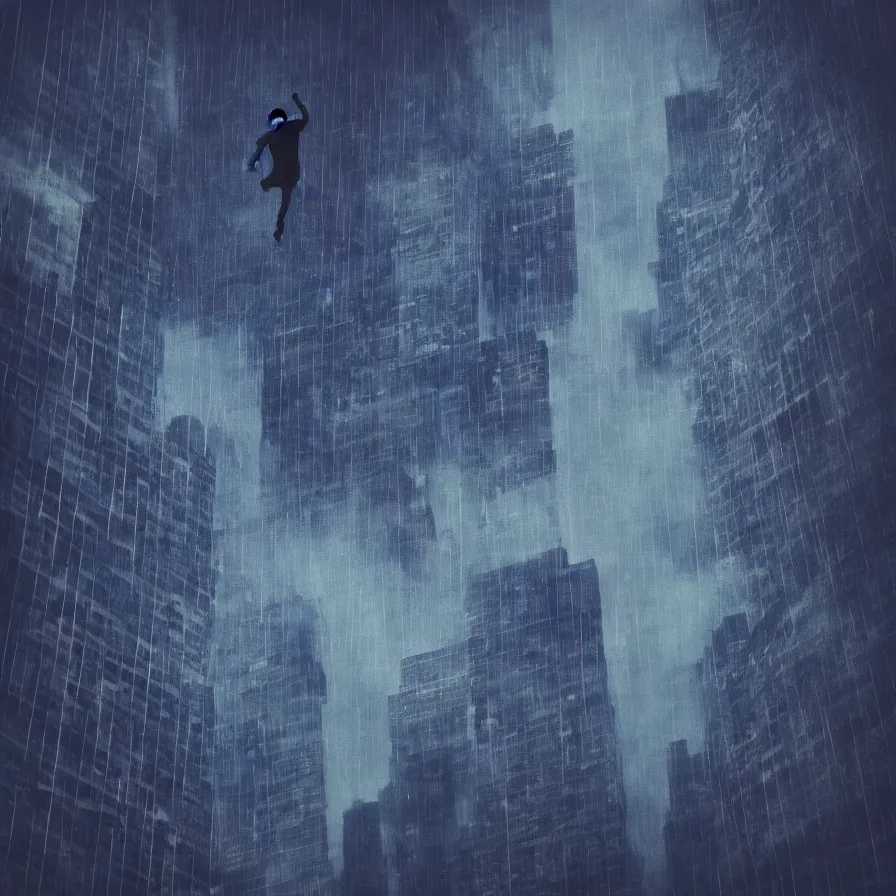 Prompt: surrealist artwork : downward view of a man free falling down into a skyscraper city full of dark clouds. rainy day moody. dark blue indigo and black colour scheme.