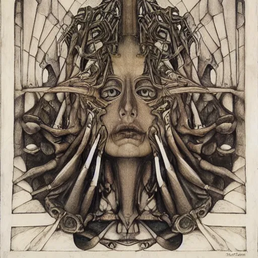 Image similar to weeping robot wearing the bone crown, by Annie Swynnerton and Diego Rivera and Evelyn De Morgan, symbolist, dramatic lighting, elaborate geometric ornament, god rays, soft cool colors,smooth, sharp focus, extremely detailed, Adolf Wölfli