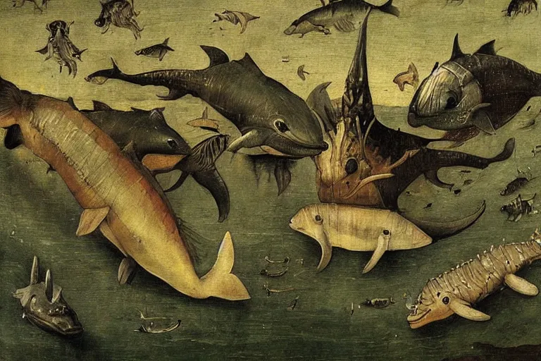 Prompt: a deep lake filled with fish people, dolphins, flippers hybrid half man half fish, monstruous dolphins, lizards, toads, jumping flying and eating frogs, detail of a painting by hieronymus bosch