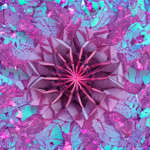 Image similar to an epic flowering alien landscape in the style of origami, 8 k, cinematic light