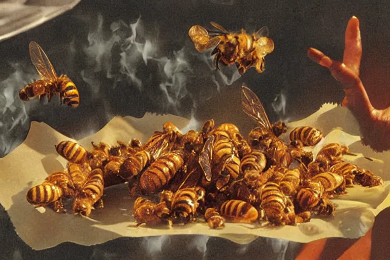 Image similar to mcdonald's fried bees with dry leaf stew, in 1 9 9 5, y 2 k cybercore, advertisement photo. artwork by craig mullins