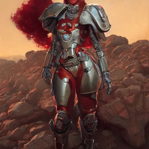 Prompt: a portrait of an woman with red short hair wearing a whiteblouse and robot armor commanding an army on a dead world full of rocks, highly detailed, centered, digital painting, artstation, concept art, donato giancola, Joseph Christian Leyendecker, WLOP, Boris Vallejo, Breathtaking