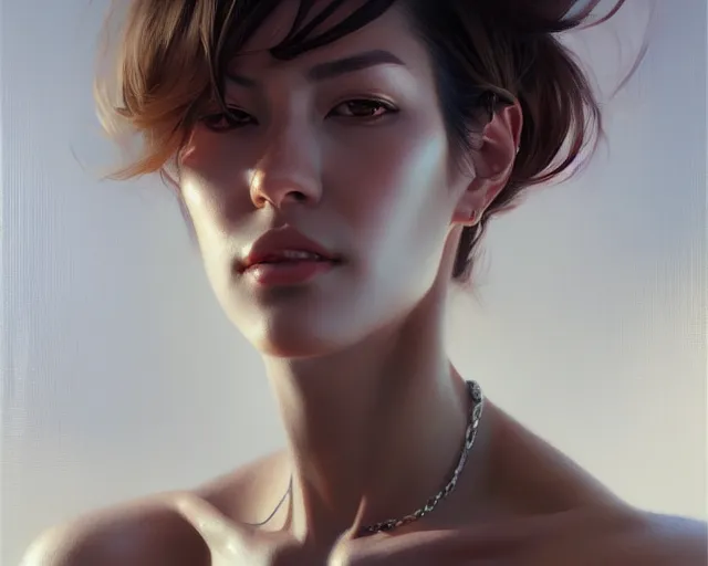 Image similar to a ultradetailed beautiful portrait panting of a stylish woman, oil painting, by hajime sorayama, greg rutkowski and makoto shinkai, trending on artstation