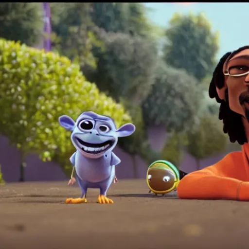 Image similar to a cinematic film still from a 2022 Pixar movie about Snoop Dogg, in the style of Pixar, shallow depth of focus