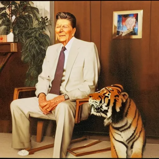 Image similar to [ ronald reagan sitting in chair... tiger lying at his feet ]