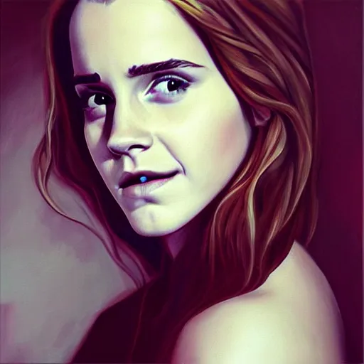 Image similar to “ a realistic painting of emma watson portrait viewed through a fun house mirror, unreal engine, trending on artstation, melting ”