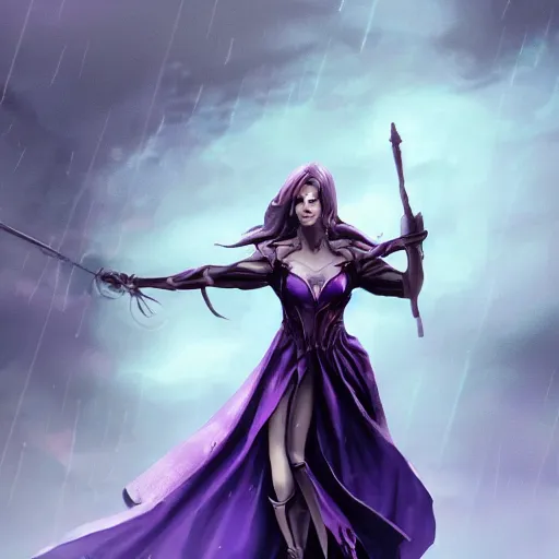 Image similar to a woman in a purple dress holding a staff and dark magic, storm and rain behind her, action scene, magical concept art, artstation contest winner, fantasy art, dark and mysterious, artstation hd, 1 2 0 mm lens, hero pose, detailed, 8 k, digital art