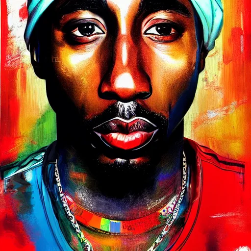 Prompt: artist sam spratt incredible illustration of a portrait of tupac shakur, high detail, artstation, bold colors,