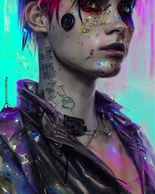 Image similar to detailed portrait Punk Girl cyberpunk futuristic ((neon)) tattoes, yakuza, styled hair Reflective puffy sheen film jacket, decorated traditional ornaments by ismail inceoglu dragan bibin hans thoma greg rutkowski Alexandros Pyromallis Nekro Rene Margitte illustrated Perfect face, fine details, realistic shaded, fine-face, pretty face