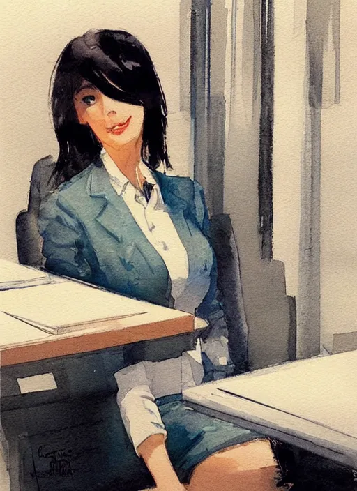 Image similar to concept art of a modern office life, young business woman, pencil miniskirt, pinterest, artstation trending, behance, watercolor, by coby whitmore, silver, laser light,