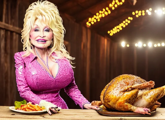 Image similar to photo still of dolly parton at the county fair!!!!!!!! at age 3 6 years old 3 6 years of age!!!!!!!! eating a turkey leg, 8 k, 8 5 mm f 1. 8, studio lighting, rim light, right side key light