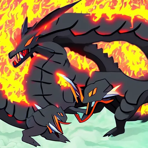 Image similar to a 3 headed black dragon pokemon shooting electricity out of its mouth