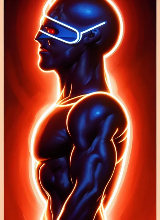 Image similar to symmetry portrait of cyclops from x - men : the animated series ( 1 9 9 2 ), glowing lights, intricate, elegant, highly detailed, digital painting, artstation, concept art, smooth, sharp focus, illustration, art by artgerm and greg rutkowski and alphonse mucha