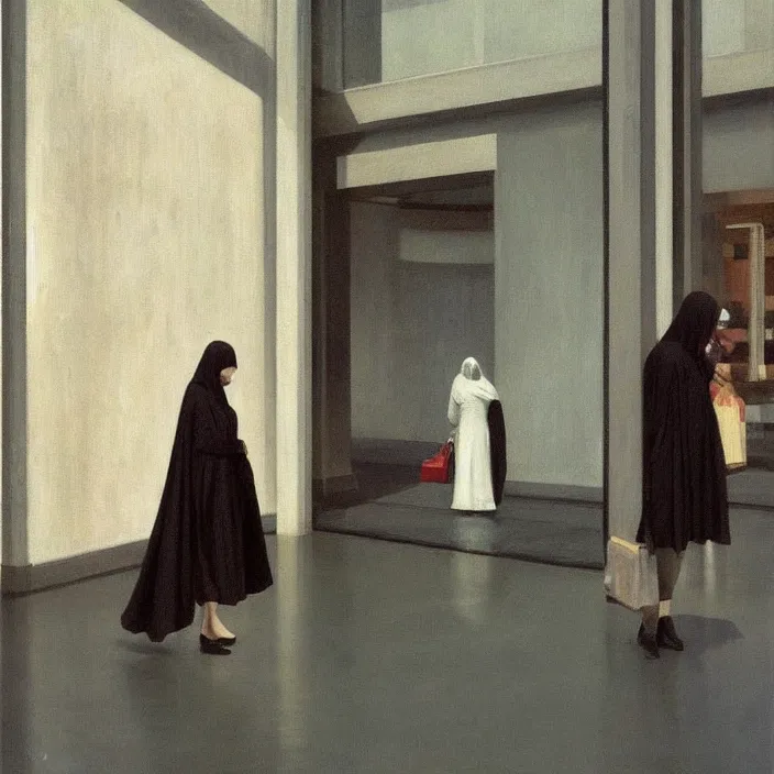 Prompt: woman in black robes, short skirt, in magnificent shopping mall, oil painting by edward hopper, zdislav beksinski, wayne barlowe