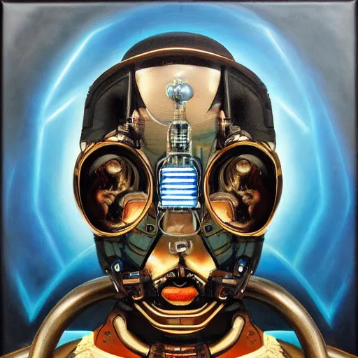 Prompt: a realistic oil painting of a black man as a cybernetic cyborg, surrealism portrait, surrealism album cover