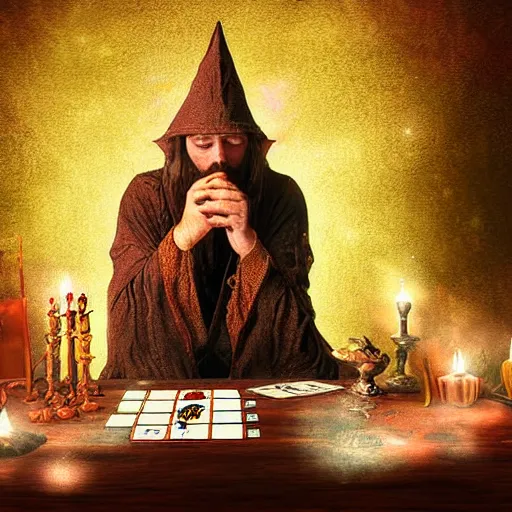 Prompt: wizard performing a tarot reading, cards, fantasy, digital art, soft lighting, 8 k