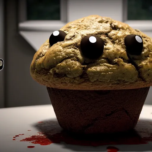 Image similar to a film still of a horror movie featuring a muffin monster, spooky, 3 d render, award - winning, eerie, 4 k, blender, trending on unreal engine