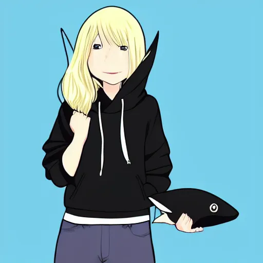 Image similar to a blonde-girl-in-a-black-hoodie holding a blue-shark-stuffie, anime style digital art