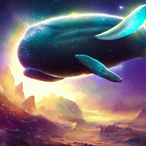 Prompt: space magical whale, galaxy whale, epic fantasy style art, galaxy theme, by Greg Rutkowski, hearthstone style art, 99% artistic