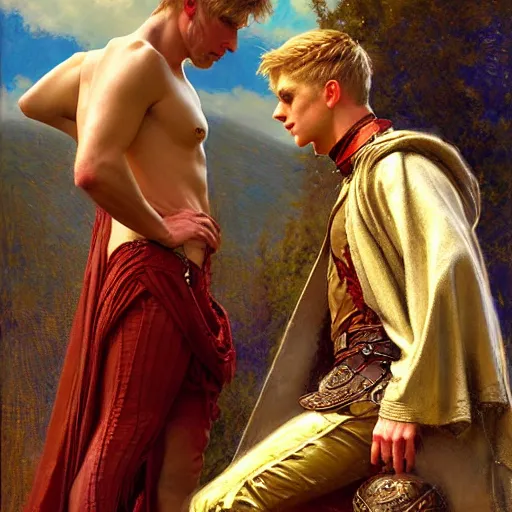 Image similar to attractive, arthur pendragon in love with attractive male, merlin the mage. highly detailed painting by gaston bussiere, craig mullins, j. c. leyendecker