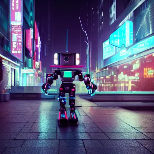 Prompt: robot walking the streets of thriving futuristic cyberpunk city at night, lit by the neon signs and streetlights, 3d, Unreal Engine, octane render, ray tracing, Unity, highly detailed, high quality, HD, 4k, 8k, realistic, sharp, no blur, edited, corrected, trending