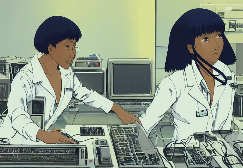 Prompt: dark skin woman wearing a white lab coat, dark blue wolf haircut to shoulder, body connected to wires and connected to 1 9 8 0 s computers, painted by yoshitoshi abe and makoto shinkai, in the style of serial experiments lain, dynamic lighting, dark ambience, 3 5 mm