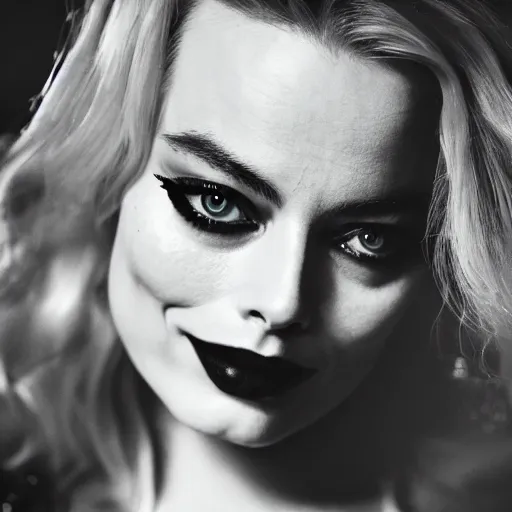 Image similar to a beautiful medium - shot of margot robbie as harley quinn looking for into the distance, beautiful backlight, focus on her face, bokeh, by terry richardson