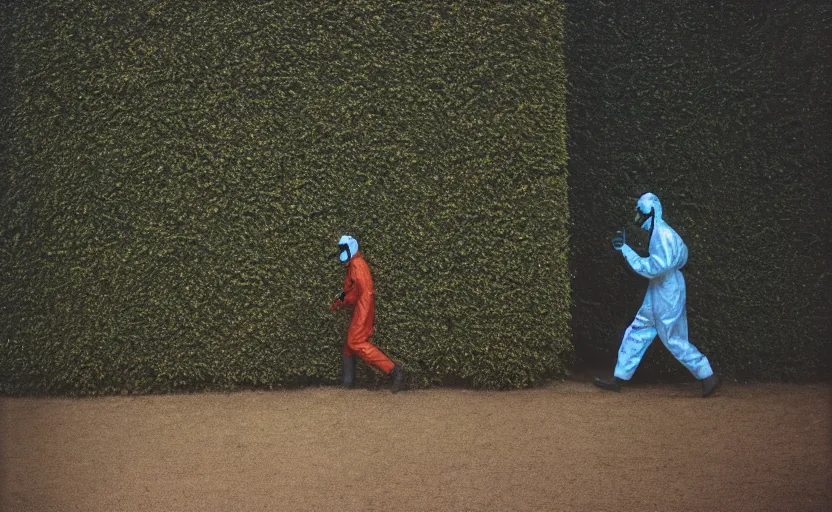 Prompt: cinestill 5 0 d photographic portrait by helen levitt of evil hazmat scientists walking through a brutalist hedge maze, extreme closeup, cinematic, modern cyberpunk, dust storm, 8 k, hd, high resolution, 3 5 mm, f / 3 2, tenet