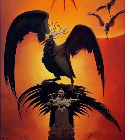 Prompt: the shrine of the secretarybird book cover by Frank Frazetta, trending on artstation, HD, detailed, cubism, monocrhome